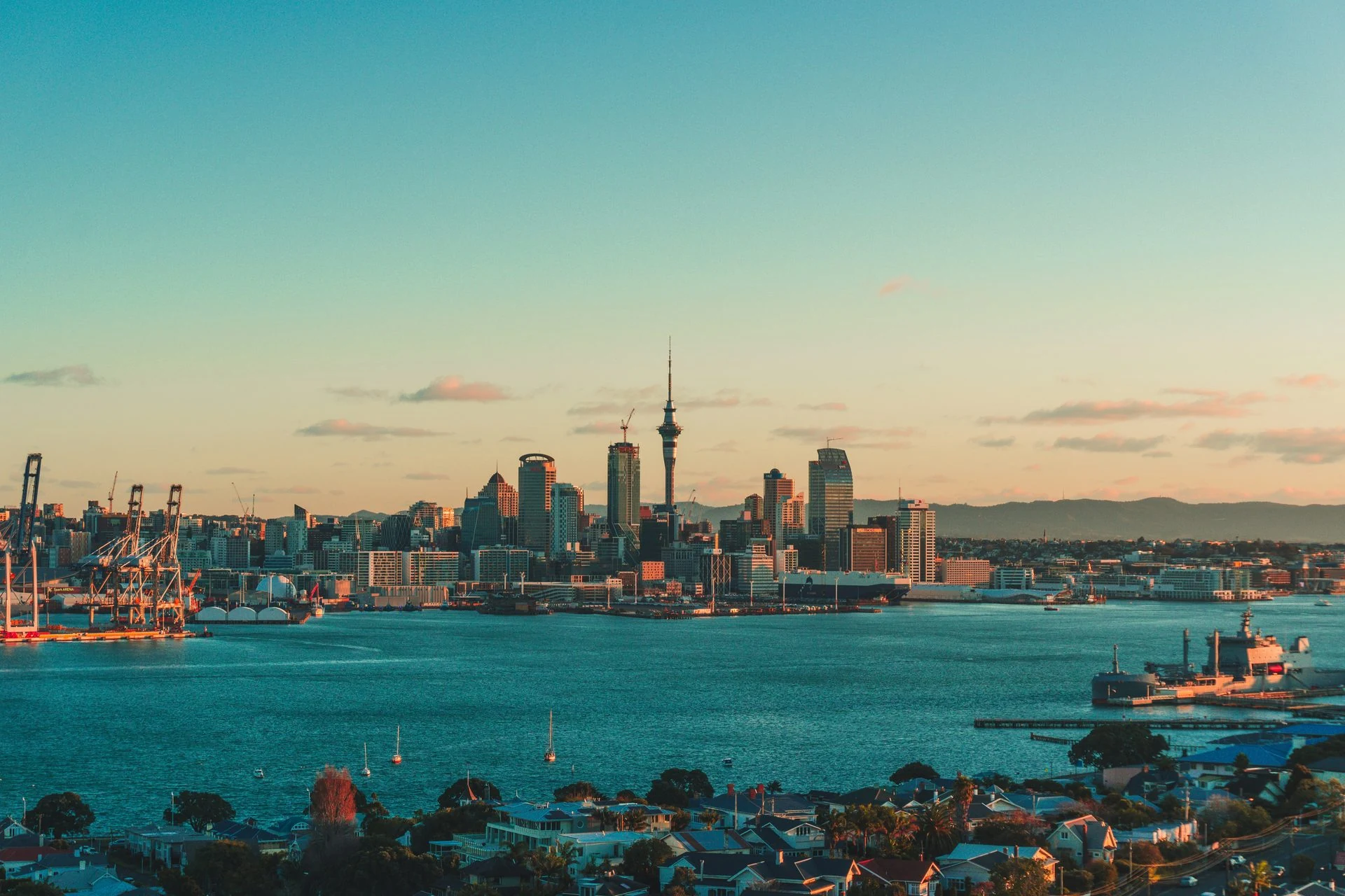 Auckland harbour city skyline on a clear day