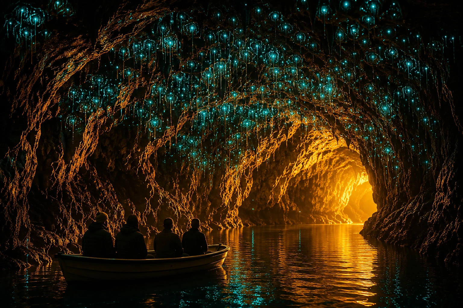 Glowworm cave chamber representing the Waitomo cave experience