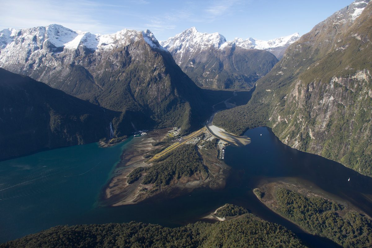 Milford Sound and Southern Alps from above